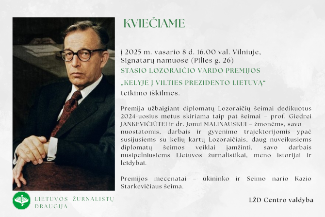 Kviečiame į S. Lozoraičio premijos teikimą Vilniuje